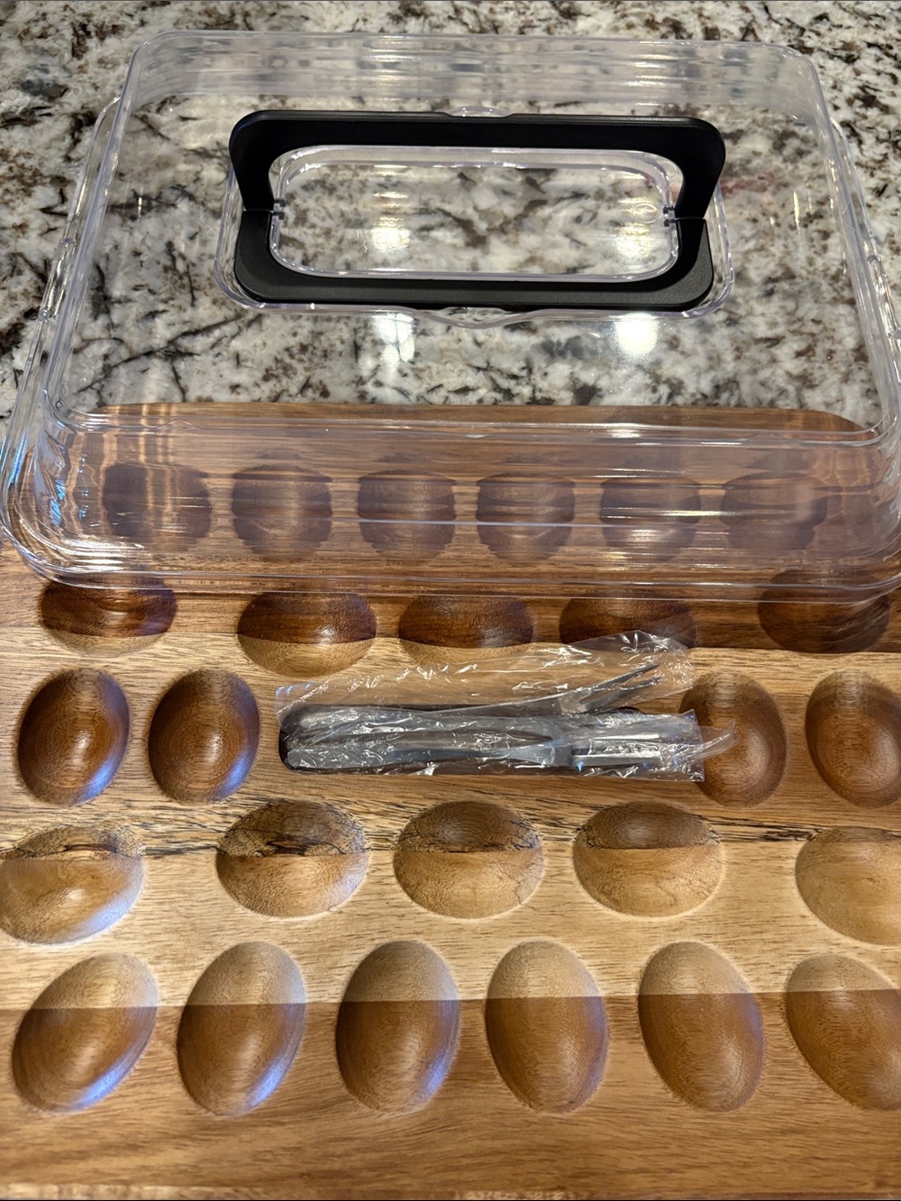 Acacia Wood Deviled Egg Serving Tray with Clear Lid with handle. New!